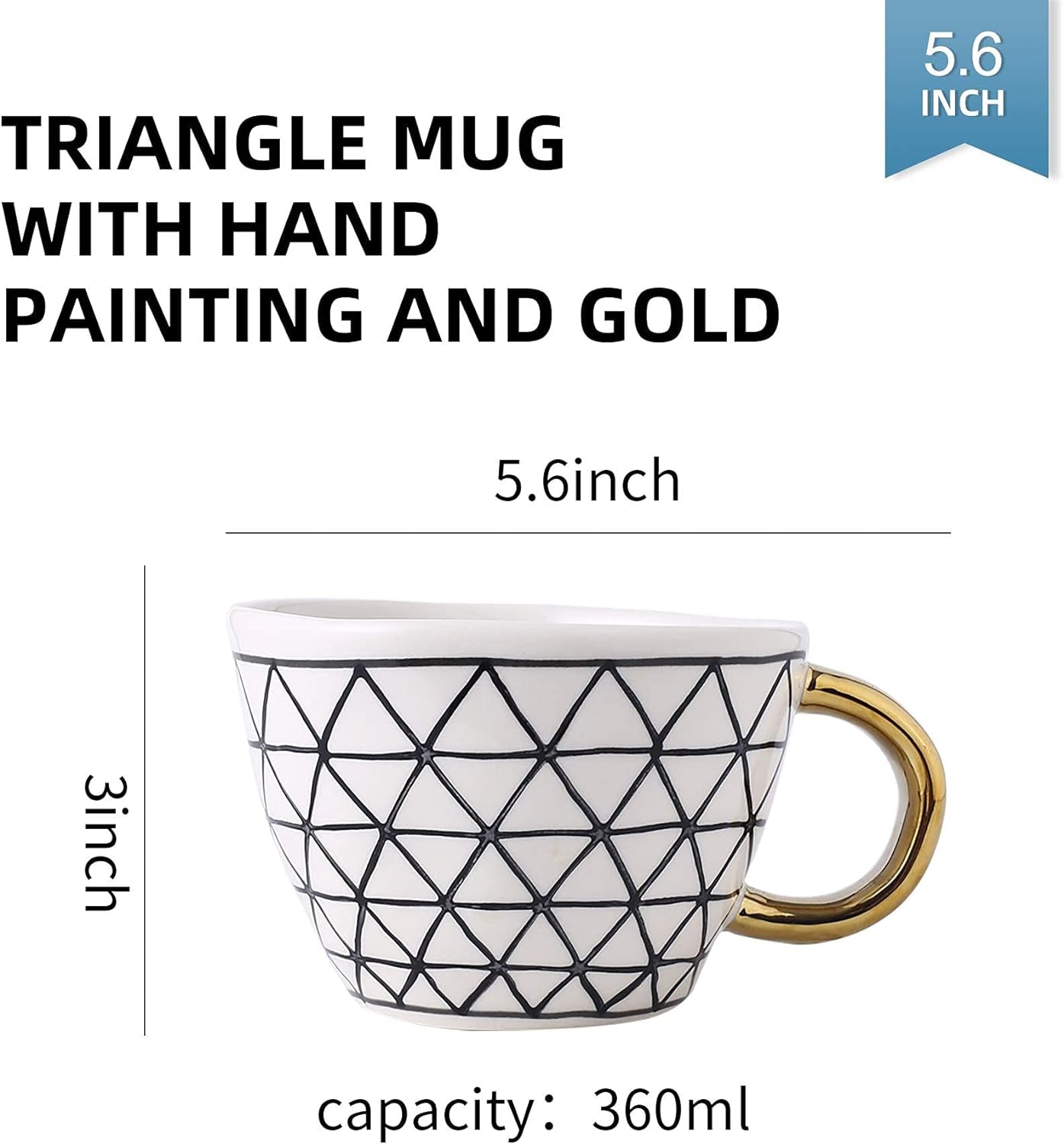 Big Ceramic Coffee Mug Tea Cup Stoneware Novelty Mug with Golden Handle Hand Painted Triangle Pattern