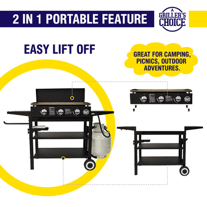 Outdoor Griddle Grill Propane Flat Top - Hood Included, Large Flat Top Grill, 2-In-1 Portable, Paper Towel Holder