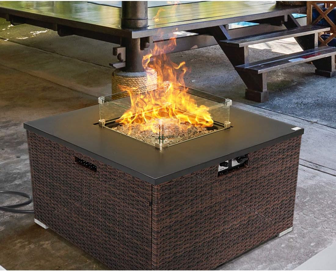 Outdoor Propane Burning Fire Table, Dark Brown Rattan Fire Fit Table 40,000 BTU, Waterproof Cover for Garden, Backyard - Design By Technique