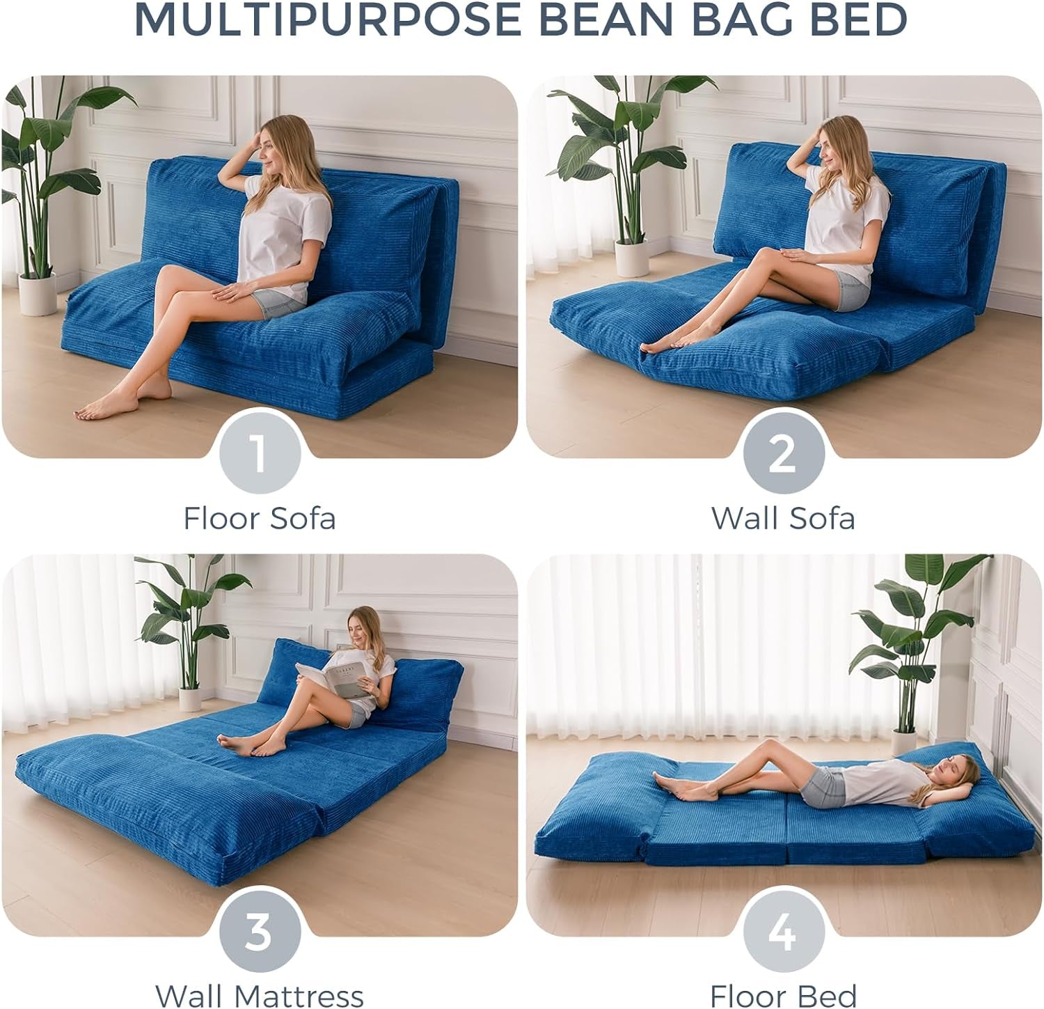 Bean Bag Bed Folding Sofa Bed Floor Mattress for Adults, Extra Thick and Long Floor Sofa with Corded Washable Cover, Blue