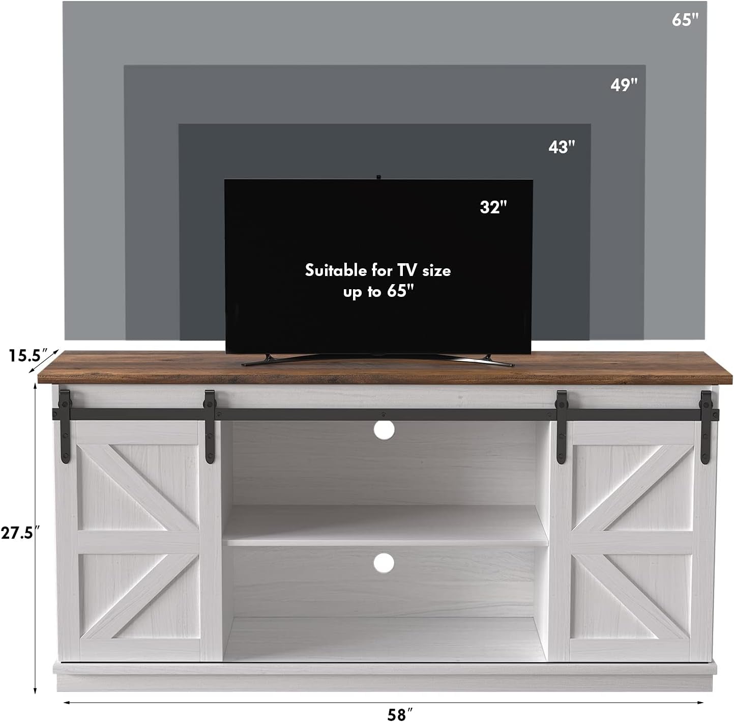 TV Stand for 65 Inch TV, Entertainment Center with Storage Cabinets and Sliding Barn Doors, Mid Century Modern Media TV Console Table for Living Room Bedroom (Bright White)