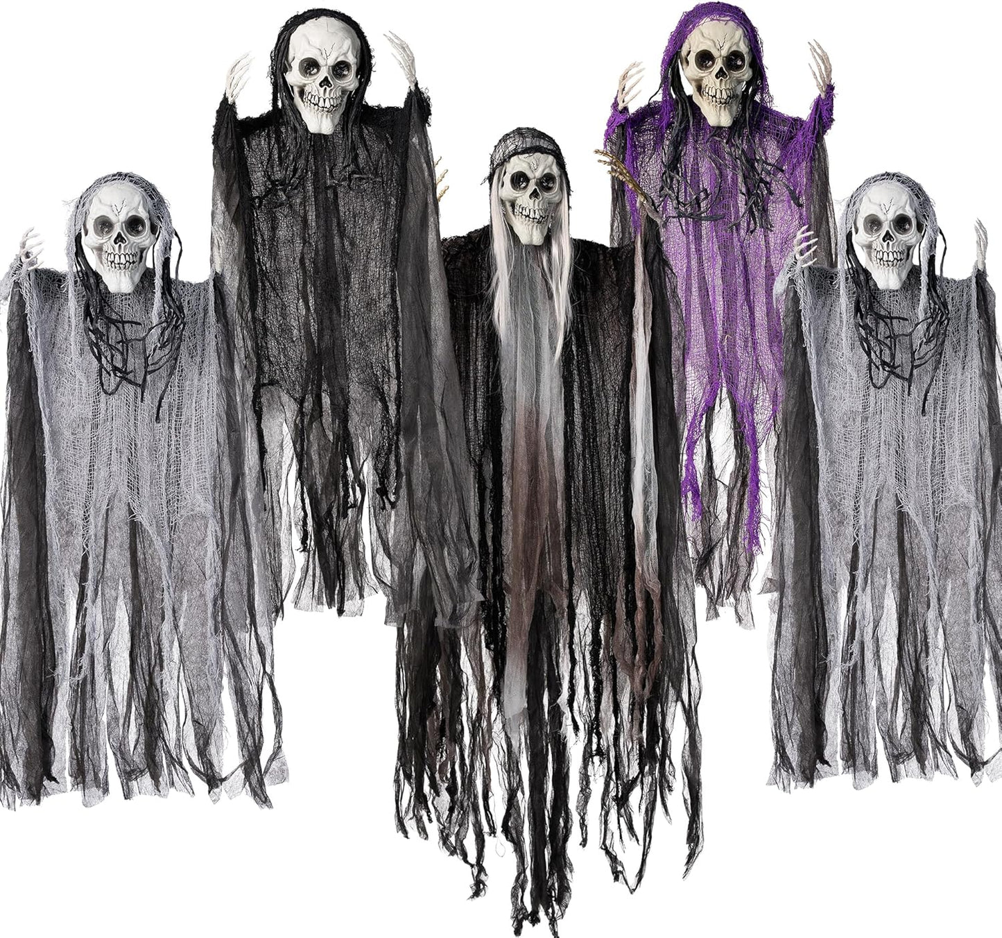 5 Pcs Halloween Hanging Grim Reapers, One 47”, Four 35" Halloween Skeleton Flying Ghosts for Halloween Outdoor Decoration, Haunted Haunted House Prop, Halloween Party Supplies Decor