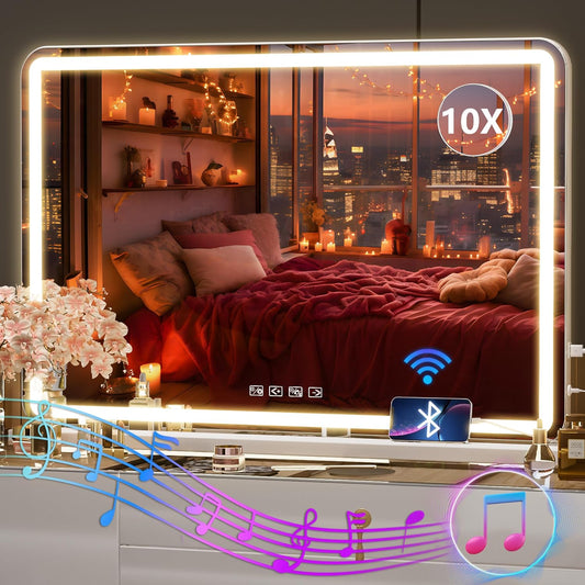Vanity Mirror with Lights and Bluetooth Speaker, 32" X 22" LED Makeup Mirror, Lighted Makeup Mirror with Dimmable 3 Modes, USB Charging Port, round White