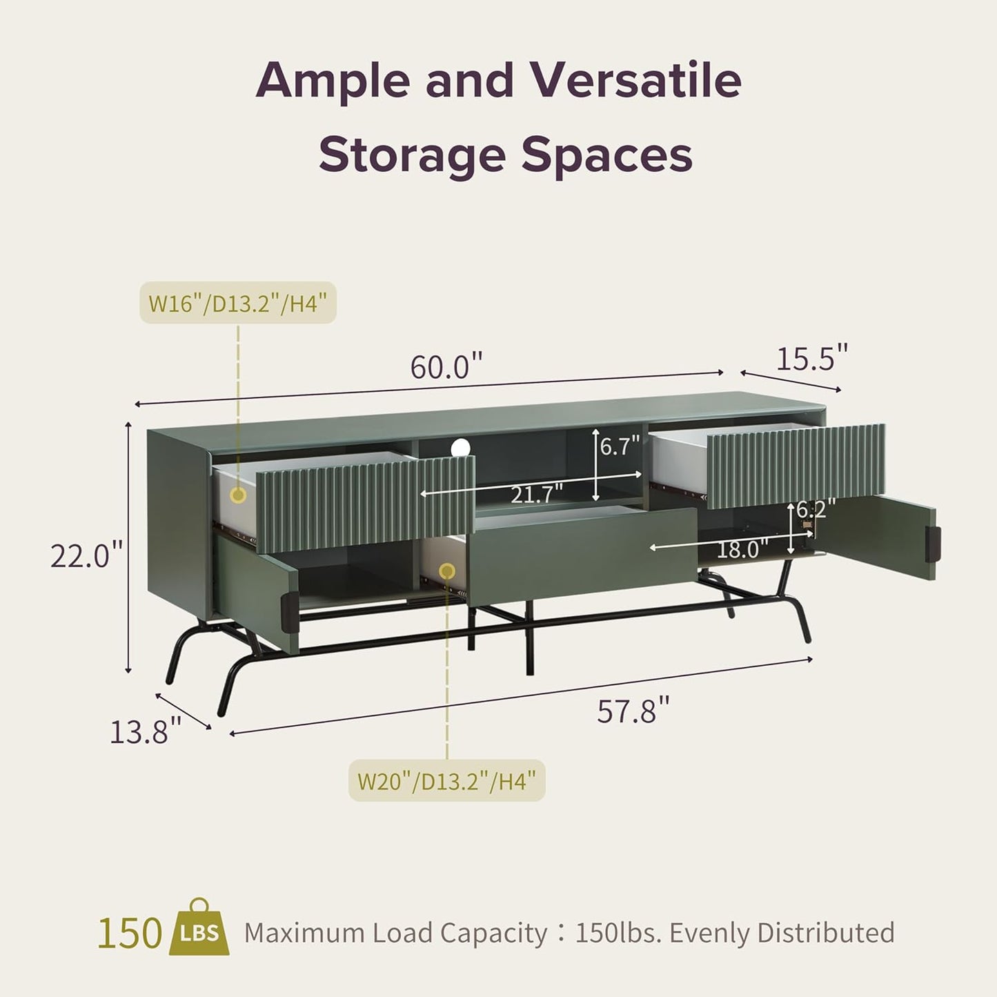 Quin Modern TV Stand with Storage Drawers, Media Console Cabinet, Entertainment Center for 65 Inch Television, Unique Living Room Furniture, Light Gray