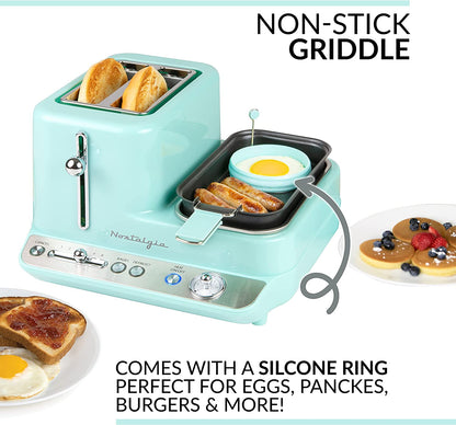 Classic Retro 3-In-1 Breakfast Station, 2-Wide Slot Toaster with Adjustable Toasting Control, Non-Stick Griddle, 6 Capacity Egg Cooker with Lid