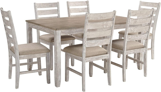 Skempton Cottage Dining Room Table Set with 6 Upholstered Chairs, Whitewash, 36"W X 60"D X 30"H - Design By Technique
