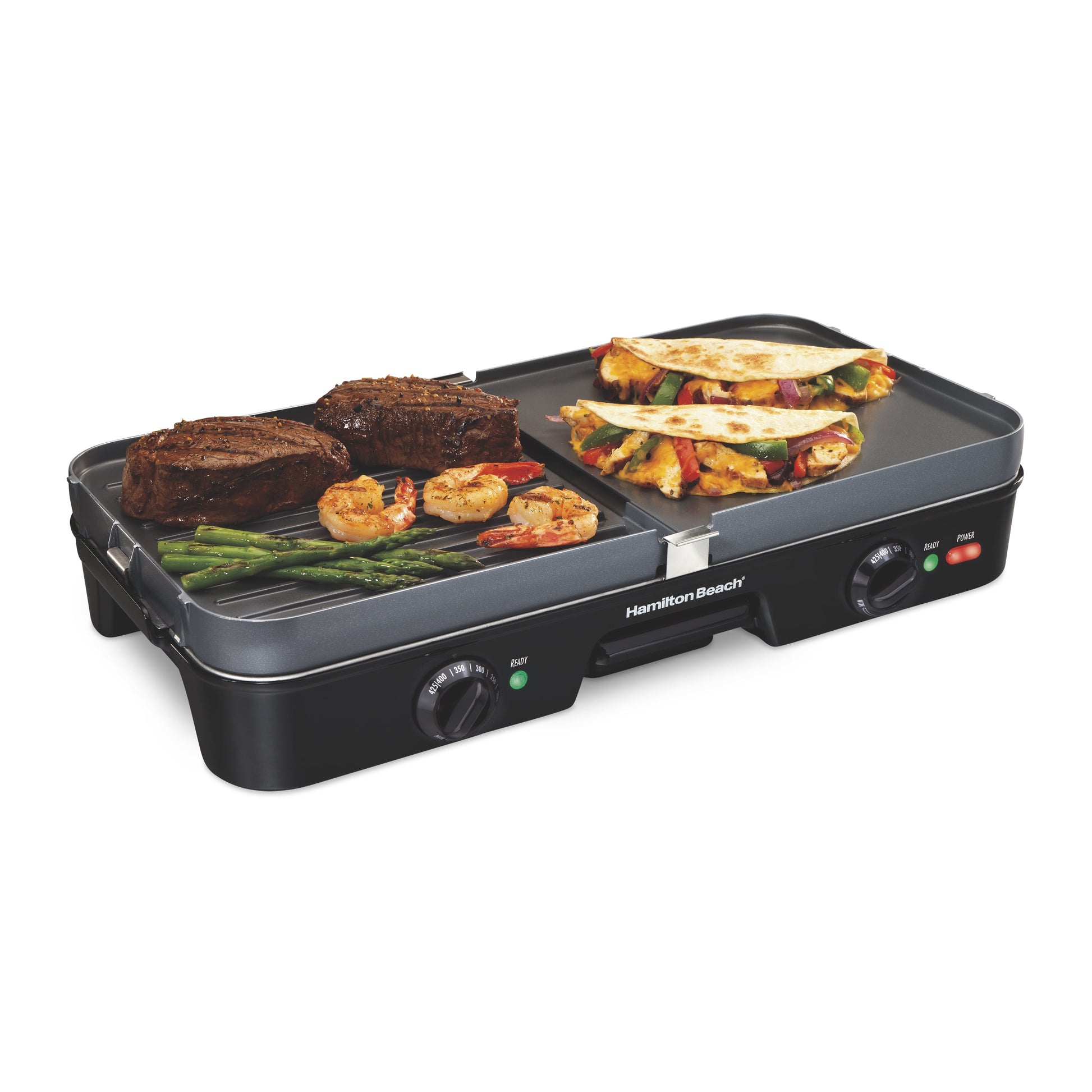 Hamilton Beach 3-In-1 Electric Indoor Grill/Griddle, 180 Sq. In. Nonstick Cooking Surface, Adjustable Temperature up to 425°F, Black, 38546