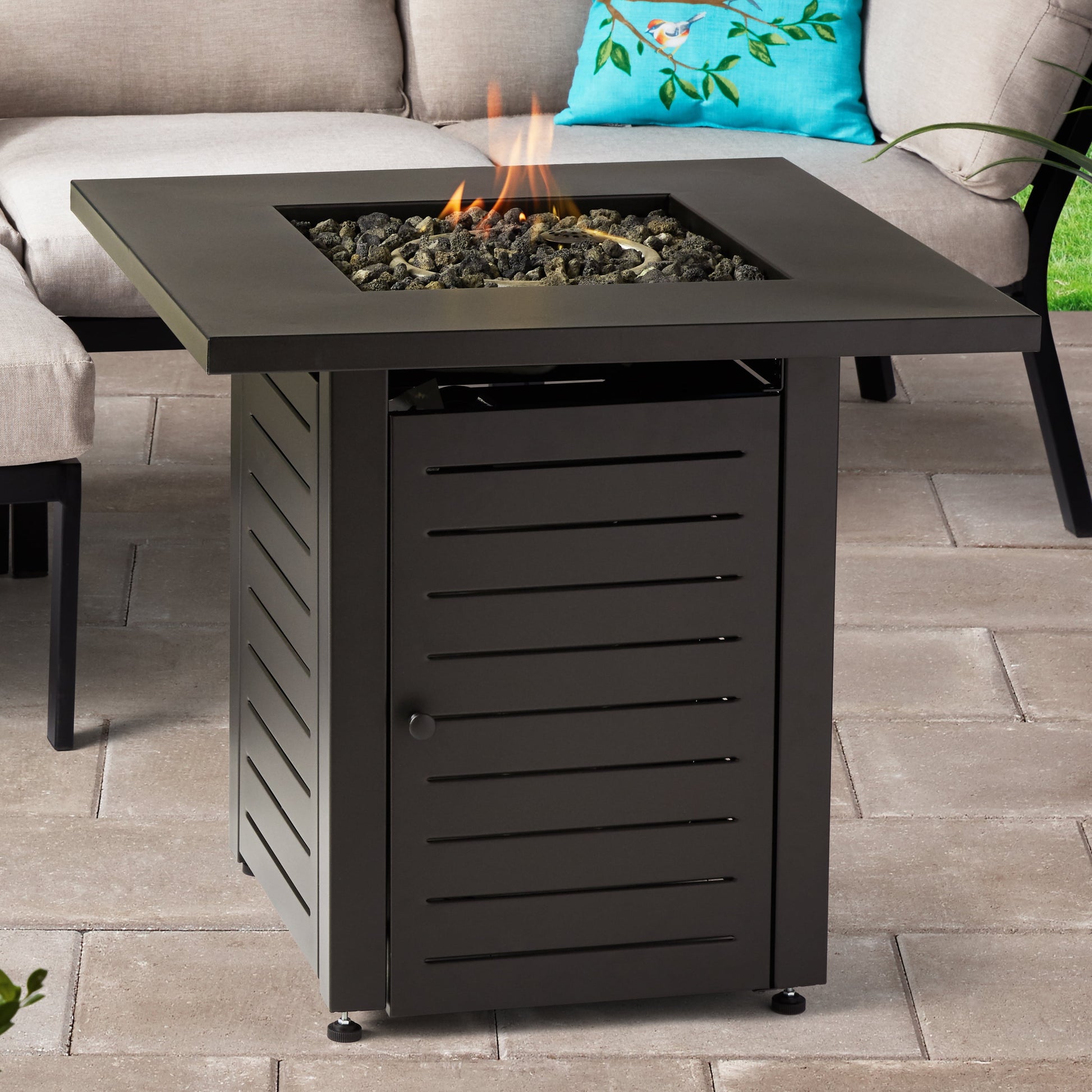 28" Square 50000 BTU Propane Gas Fire Pit Table with Lava Rocks, Metal Lid and Protective Cover - Design By Technique