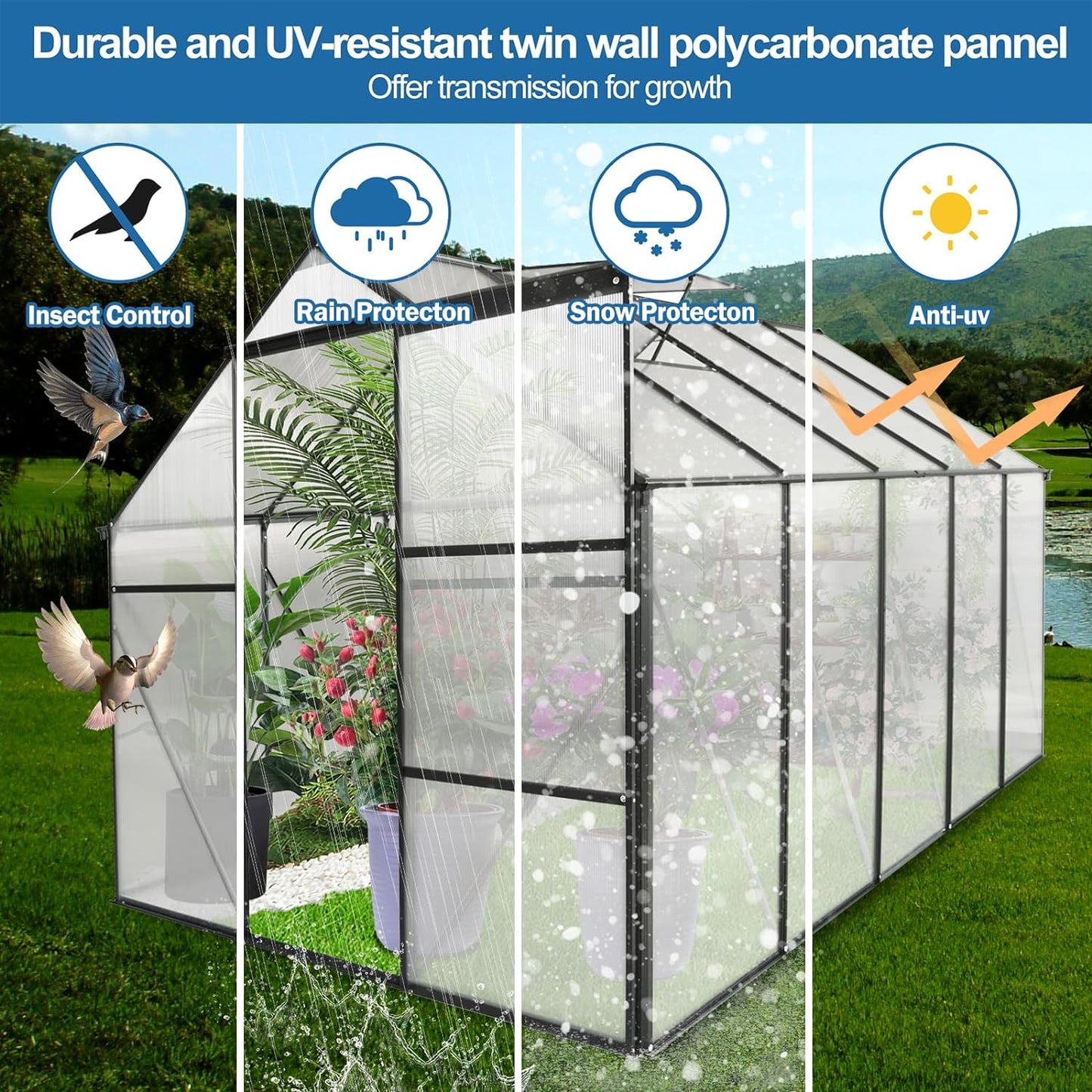 6X10 FT Polycarbonate Walk in Greenhouse, Green House with Adjustable Roof and Sliding Door, up to 70% Light Transmission Panels & Drainage System, for Outdoors Indoor outside Heavy Duty, Black - Design By Technique