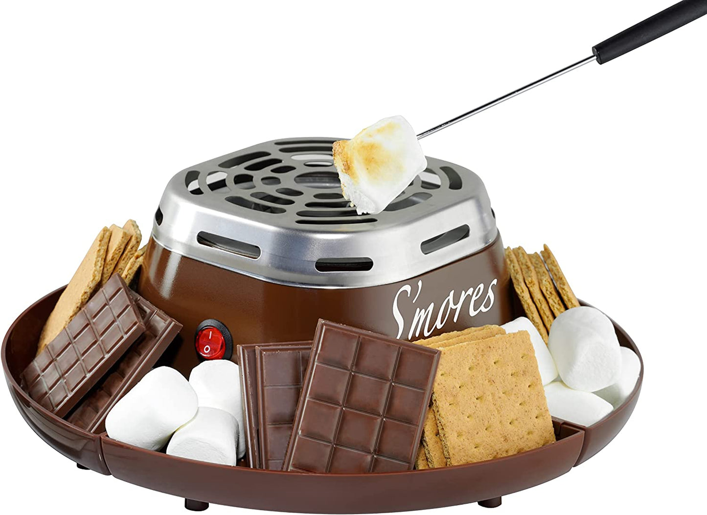 Tabletop Indoor Electric S'Mores Maker - Smores Kit with Marshmallow Roasting Sticks and 4 Trays for Graham Crackers, Chocolate, and Marshmallows - Movie Night Supplies - Brown