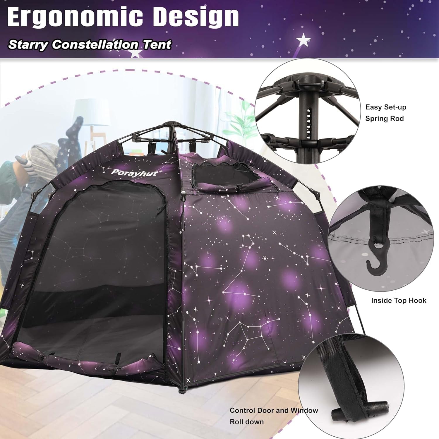 Portable Hexagon Kids Play Tent with LED Strip Lights Indoor Children Play House Easy Set-Up Space Tent Dream Tent for Night.4-5 Person Large Tent & Birthday Gifts