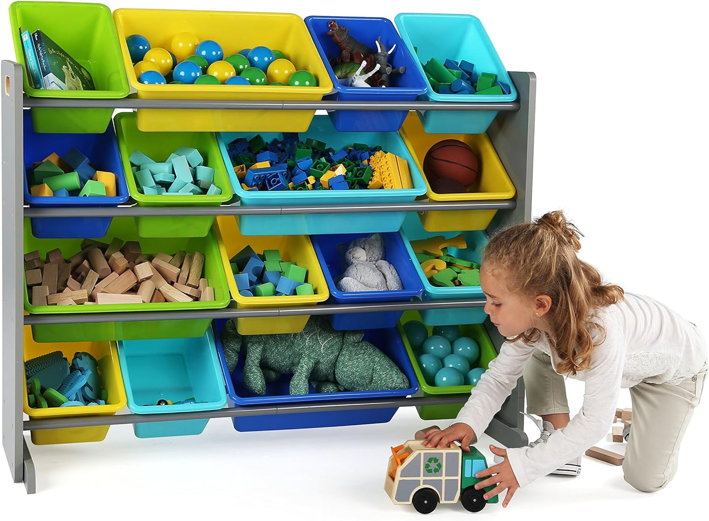 Extra-Large Toy Organizer, 16 Storage Bins, Grey/Blue/Green/Yellow,15.5"D X 42"W X 35"H