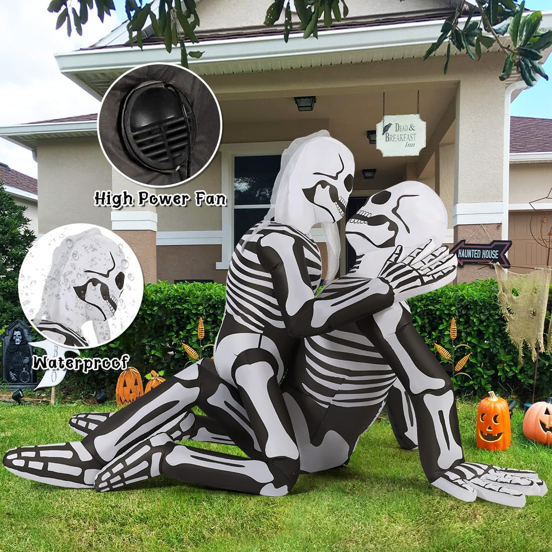 6.5 FT Long Halloween Inflatables Skeleton Outdoor Decorations Blow up Yard Cuddling Couple Lovers with Built-In Leds for Garden Lawn Indoor Party Decor