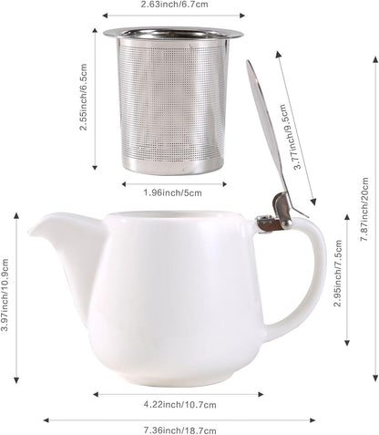 Ceramic Teapot with Stainless Steel Infuser for Loose Tea and Blooming Tea, Heat Resistant Ceramic Tea Pot and Tea Kettle, Perfect Tea Maker, White Teapot 500Ml/17Oz