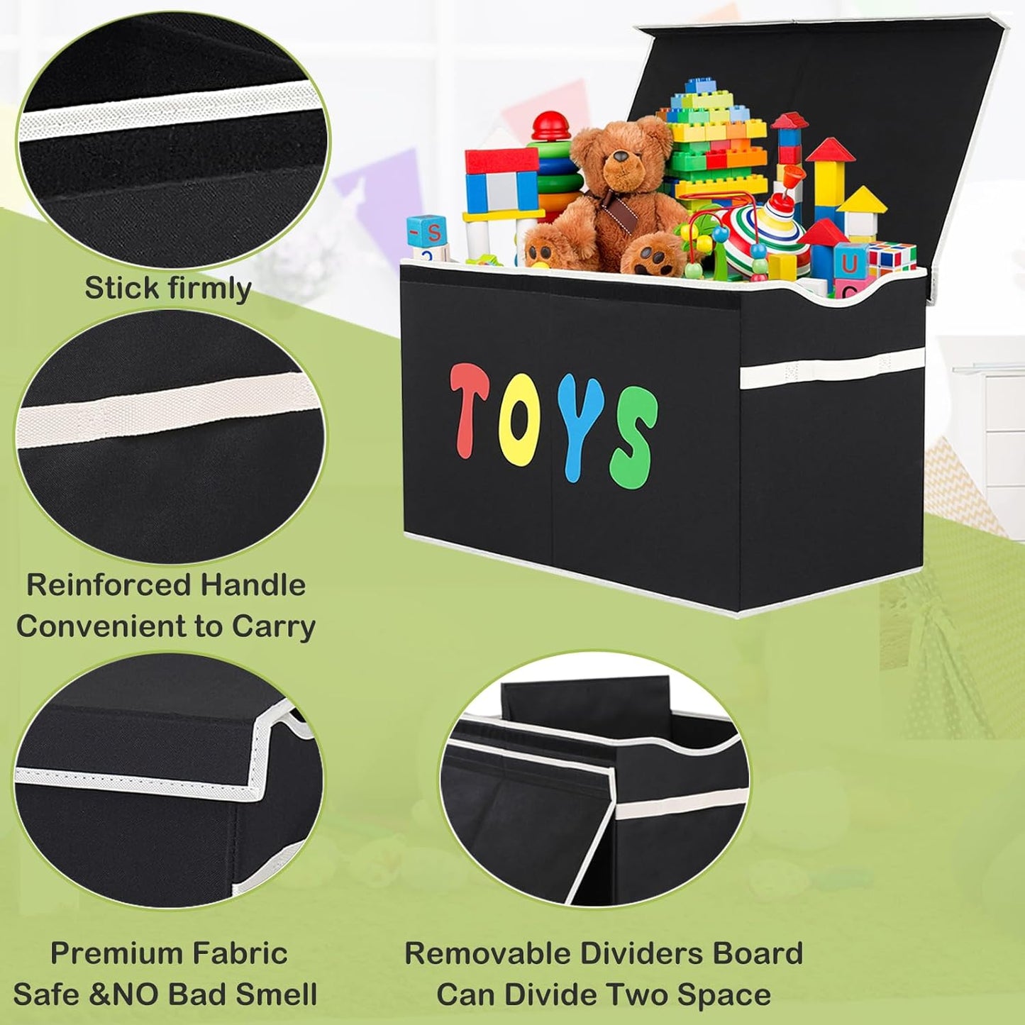 Toy Box Chest, Collapsible Sturdy Storage Bins with Lids, Extra Large Kids Toy Storage Organizer Boxes Bins Baskets for Kids, Boys, Girls, Nursery Room, Playroom, Closet (BLACK)