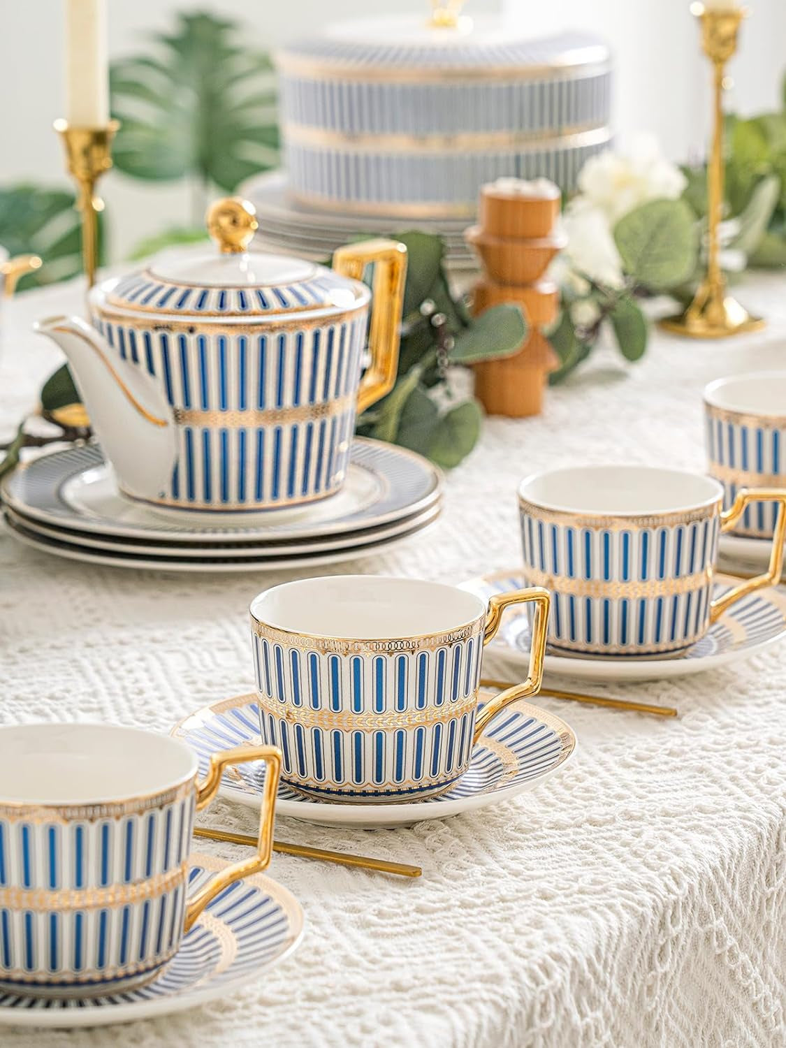 -Bone China Tea Cup Set of 4, Tea Cup and Saucer Sets Service for 4 with 24 Ounces Teapot,Sugar Bowl,Creamer Pitcher,Cappuccino Cups,Tea Cups for Tea Party,Gift Box.