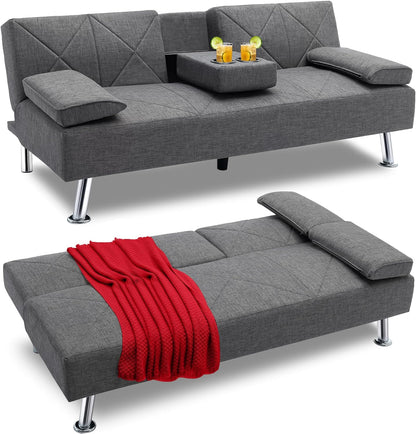 Modern Convertible Folding Futon Sofa Bed with Removable Armrests Breathable Linen Recliner Couch for Living Room/Apartment Lounge, 2 Cup Holders, Dark Grey