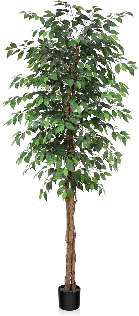 7FT Artificial Ficus Tree with Natural Wood Trunk and Realistic Leaves, Silk Faux Ficus Tree for Home Decor Indoor, Tall Green Fake Plant with Pot for Office Living Room Outdoor, Set of 1