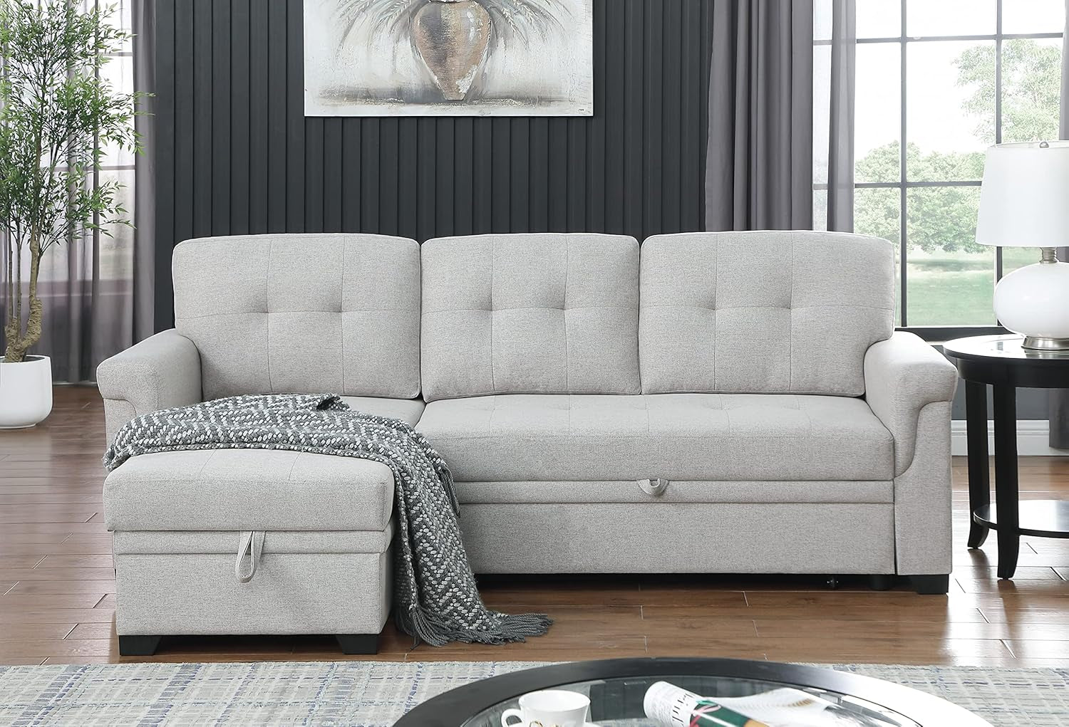 Lucca Light Gray Linen Reversible Sleeper Sectional Sofa with Storage Chaise