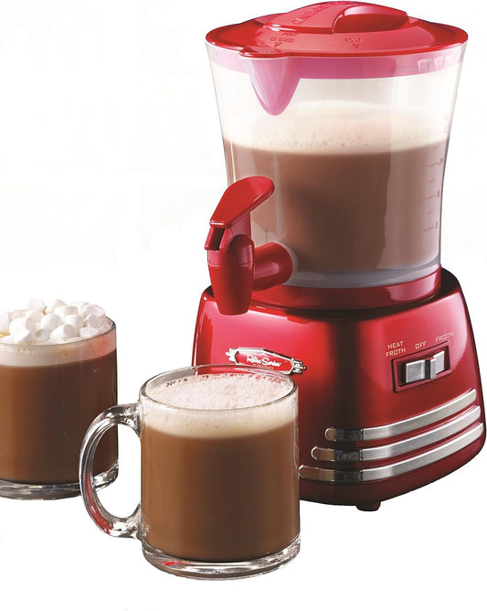 Retro Frother and Hot Chocolate Maker and Dispenser, 32 Oz, for Coffees, Lattes, Cappuccinos, Red