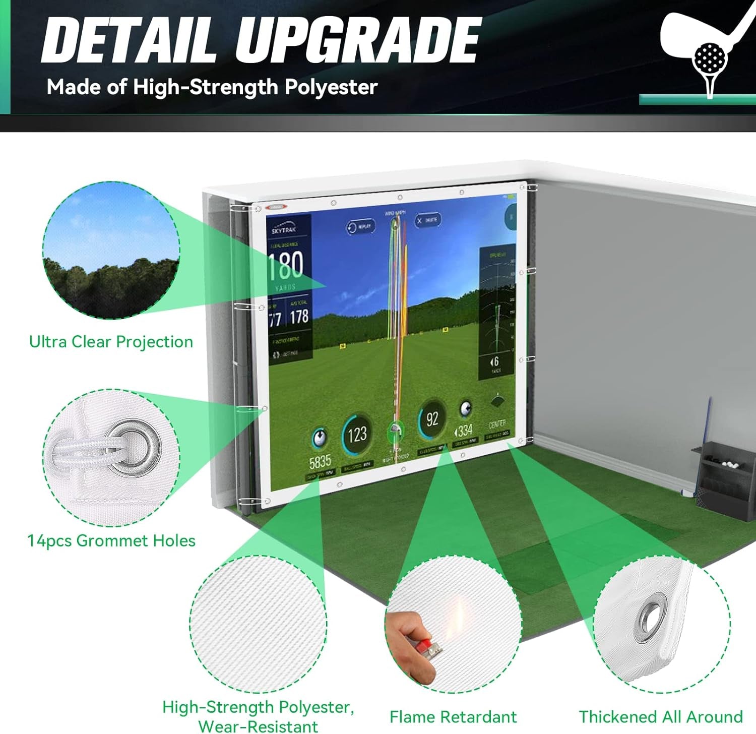 Golf Simulator Impact Screen Display Projector Screen for Golf Training, Indoor Ultra Clear Golf Impact Screen, with 14Pcs Grommet Holes, 16Pcs Ball Bungee Cords, Available in 5 Sizes