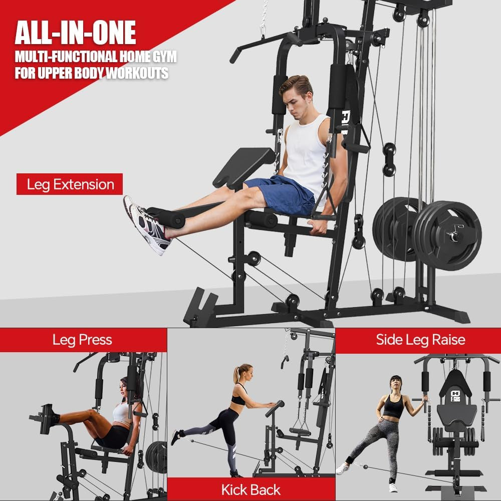 Home Gym Workout Station, Multifunctional Home Gym System with Leg Extension, Leg Press, Preacher Curl and Full Body Exercise Accessories, Plate Loaded Strength Training Machine