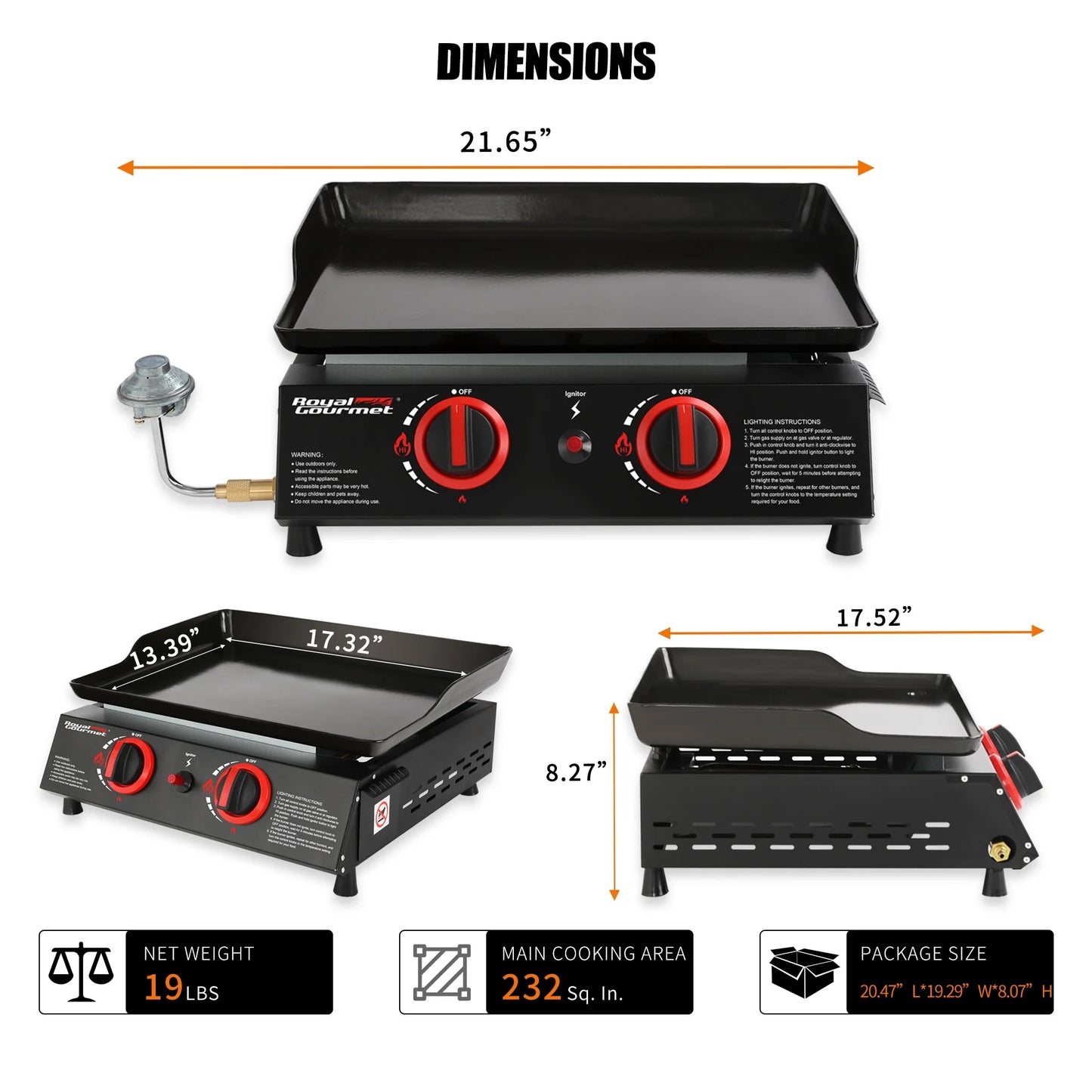 18" PD1203A 2-Burner Portable Countertop Griddle, 16,000 BTU Gas Grill Griddle