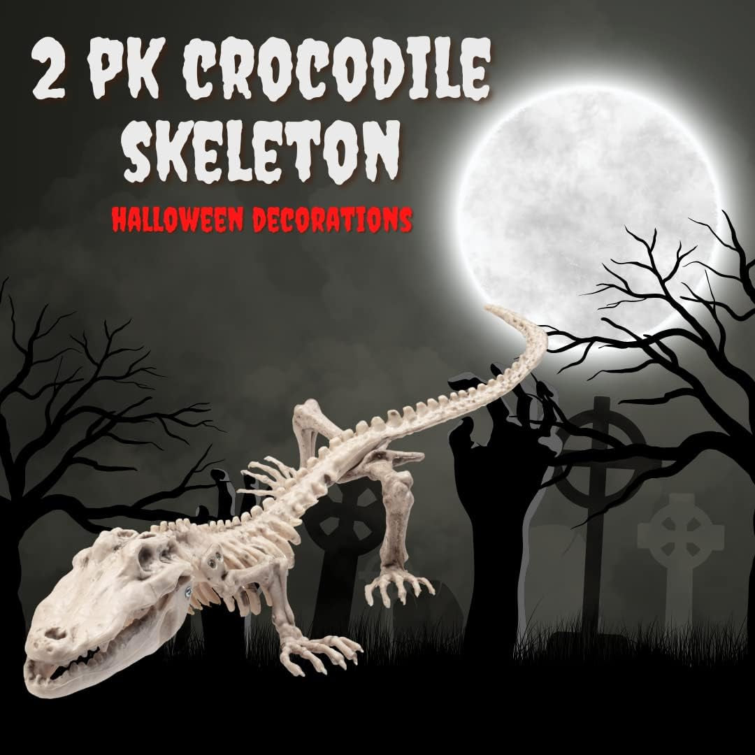 Crocodile Skeleton Halloween Decoration (2 Pack) 20" Long- Weather Resistant for Indoor Outdoor Use- Animal Decor for School Projects, Classrooms, Science Fairs- Fun & Educational Fall Party Prop