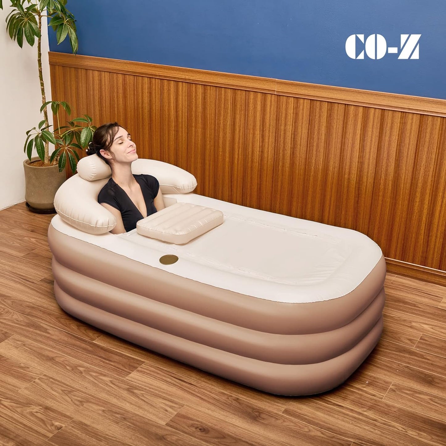 Inflatable Bathtub with Electric Air Pump and Bath Pillow Headrest, Portable Blow up Bath Tub for Adults, Outdoor & Indoor Freestanding Foldable Spa Tub with Cover Drainage Cup Holder,Brown