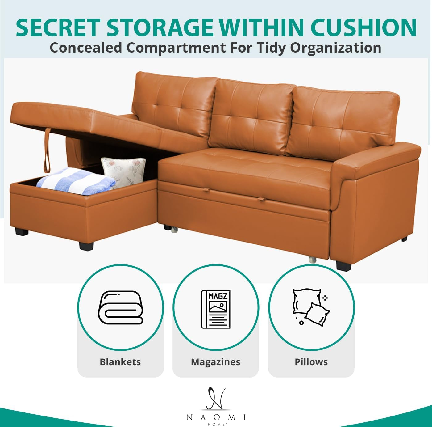 Transform Any Space: Sleeper Sectional Sofa with Convertible Sofa Bed & Inviting Chaise. Find Tranquil Comfort with Stress-Relieving Design & Durable Cushions - Caramel,Air Leather