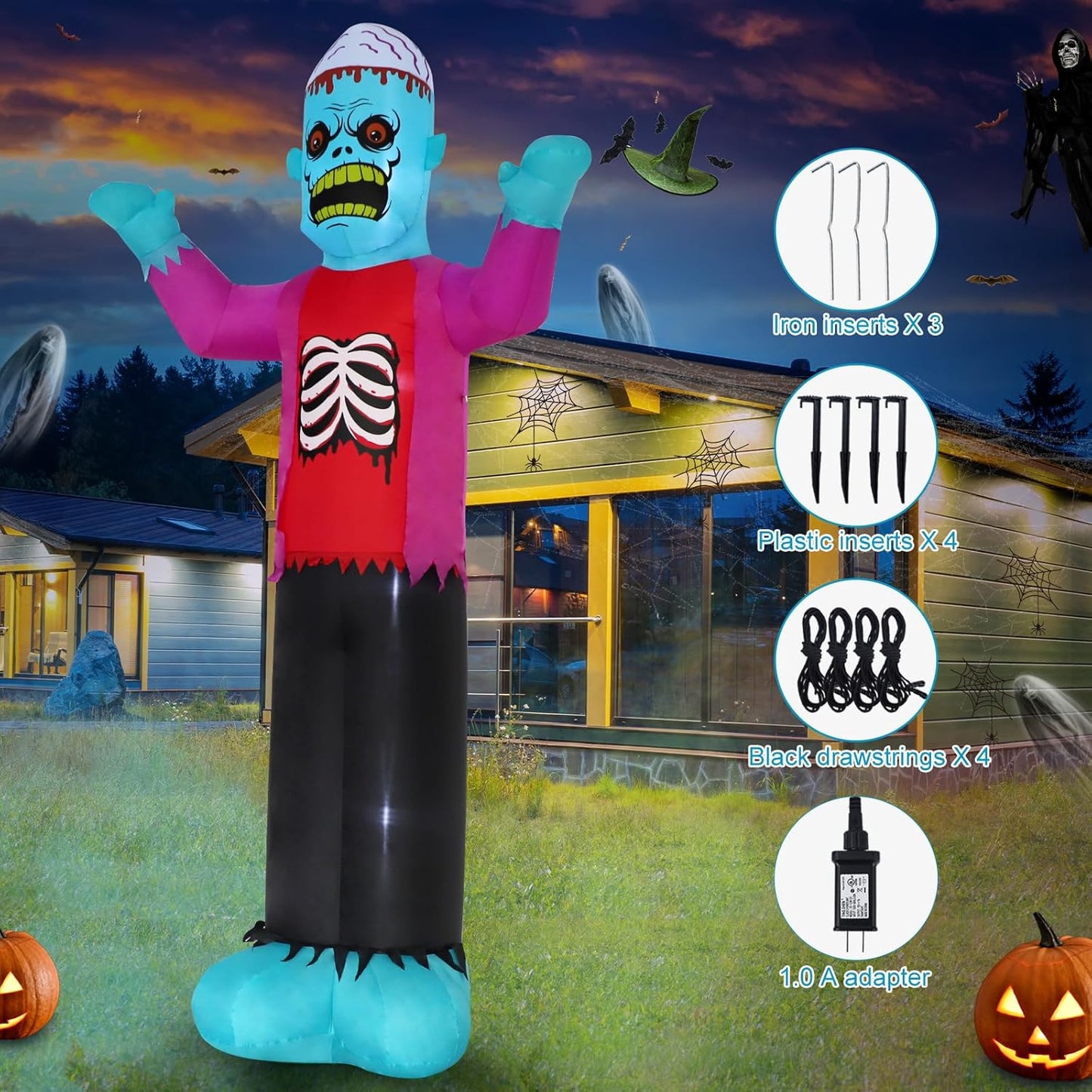 12Ft Blue Zombie Halloween Outdoor Inflatable Decoration, Creepy Skeleton Zombie with LED Lights, Holiday Inflatable Decoration for Outdoor Patio, Garden, Lawn