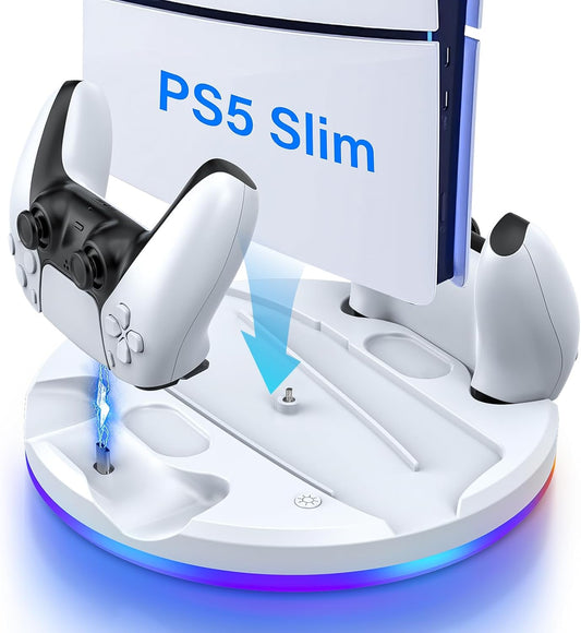 PS5 Slim Stand-And-Dual-Controller-Charging-Station-For-Playstation 5-Slim-Console-Disc&Digital Edition, Cool RGB PS5 Vertical Stand with Controller Charger, PS5 Holder Base Accessory Screw, White