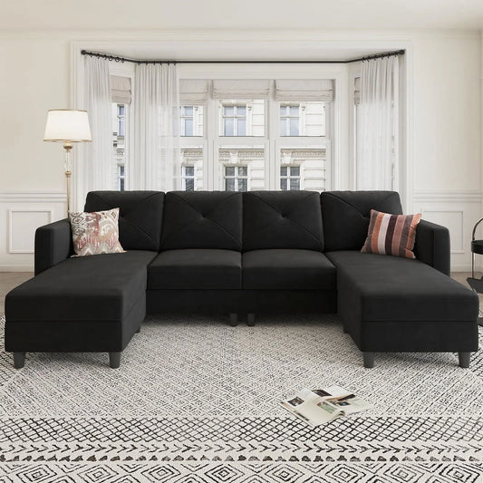 Modern Sectional Couch with Tufted Back Cushions and Ottoman for Living Room, Black - Design By Technique