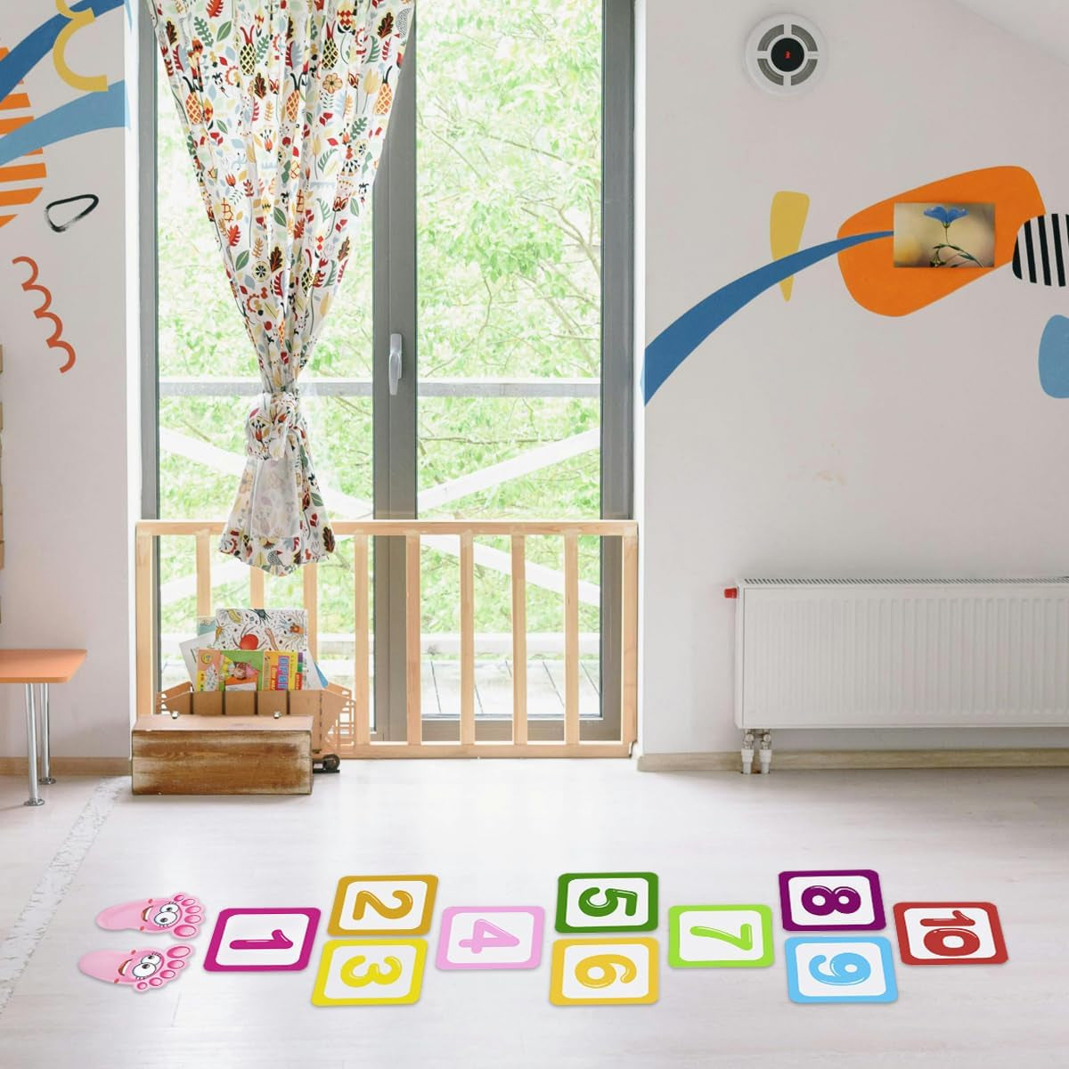 10 PCS Number Lattice Floor Sticker with 1 Pair Kids Footprint Stickers, Funny Number Hopscotch Game Floor Stickers Wall Decals for Classroom Bedroom Living Room Ground Corridor Nursery