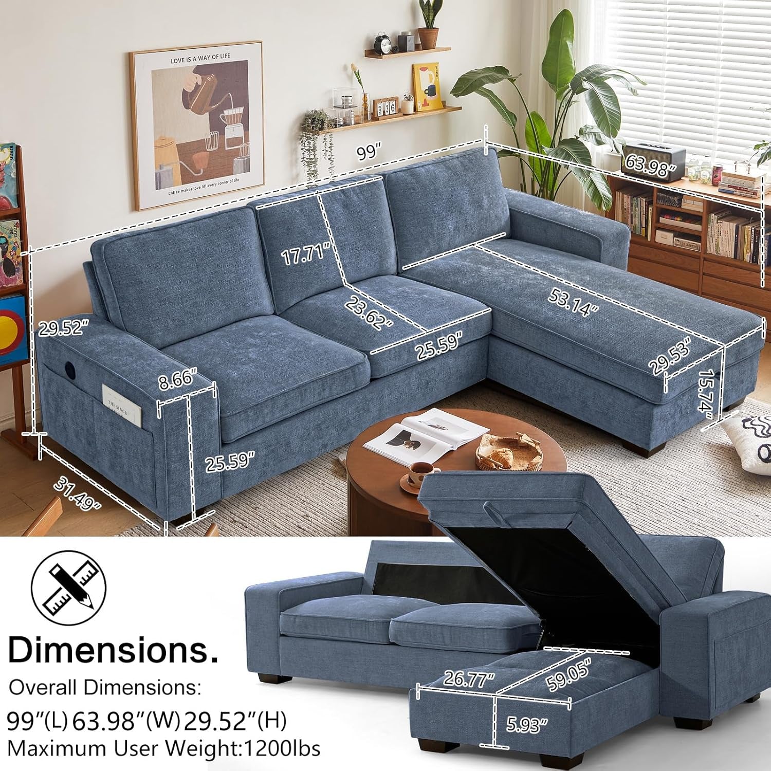 99“ Convertible Sectional Sofa,L Shaped Couch,Multi-Functional Reversible Sofa with USB and Type-C Charging Ports, Storage Space, Breathable Fabric (Blue)