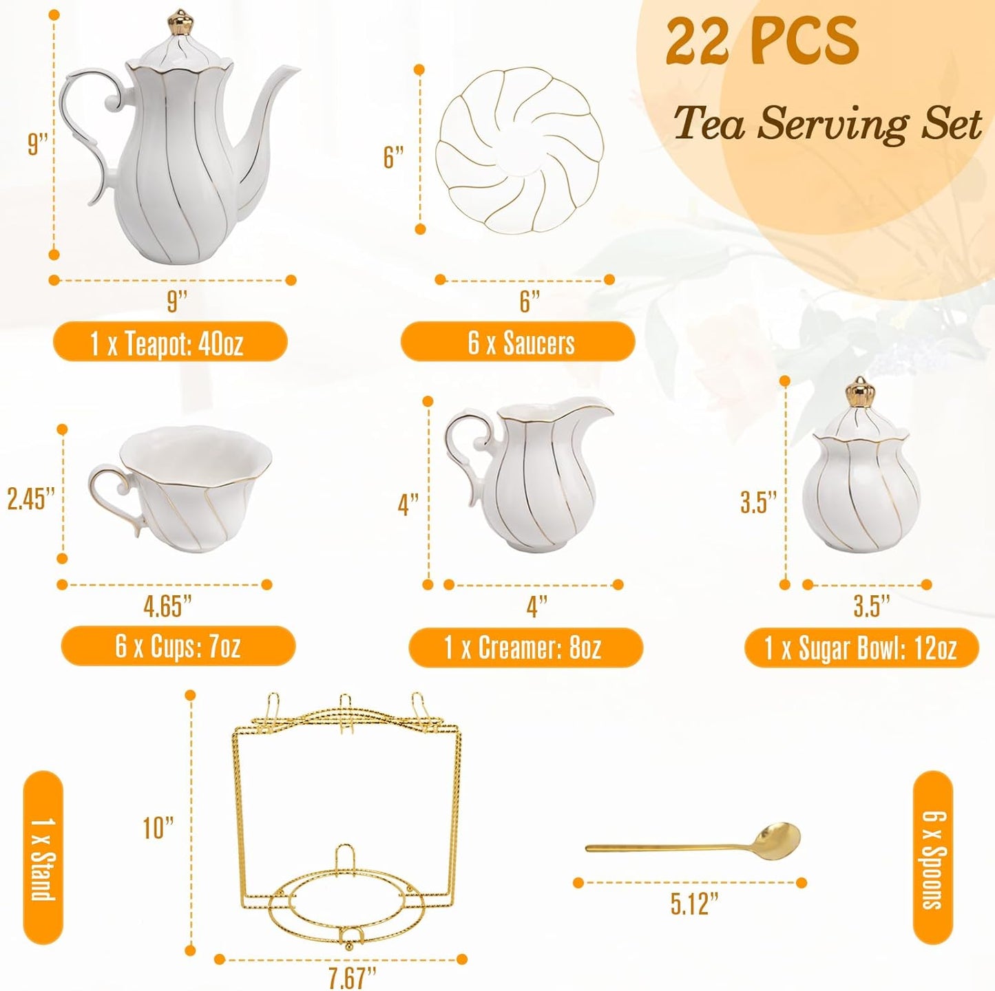 Porcelain Tea Set, 22 PCS Tea Serving Set, White Tea Sets for Adults, Afternoon Tea Set for 6 with Golden Trim, Teapot, Cups, Saucers, Sugar Bowl, Creamer, Spoons - Tea Set with Stand