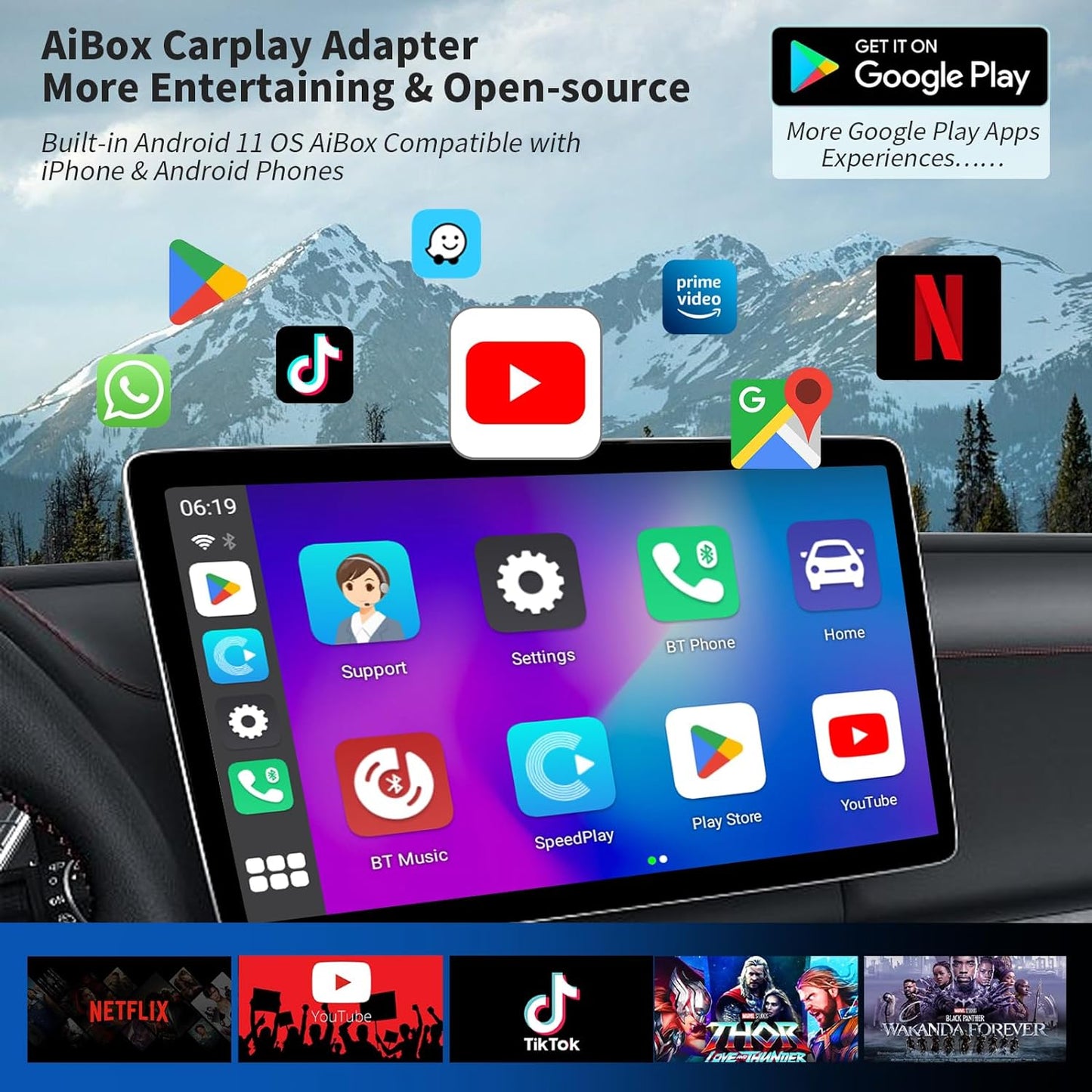 Wireless Carplay Adapter Built in Disney+ Netflix Youtube Tiktok, Upgrade Wireless Carplay & Android Auto Magic Box 2.0 for OEM Wired Carplay Cars, Plug&Play, Mirrorlink, TF Card, No Delay