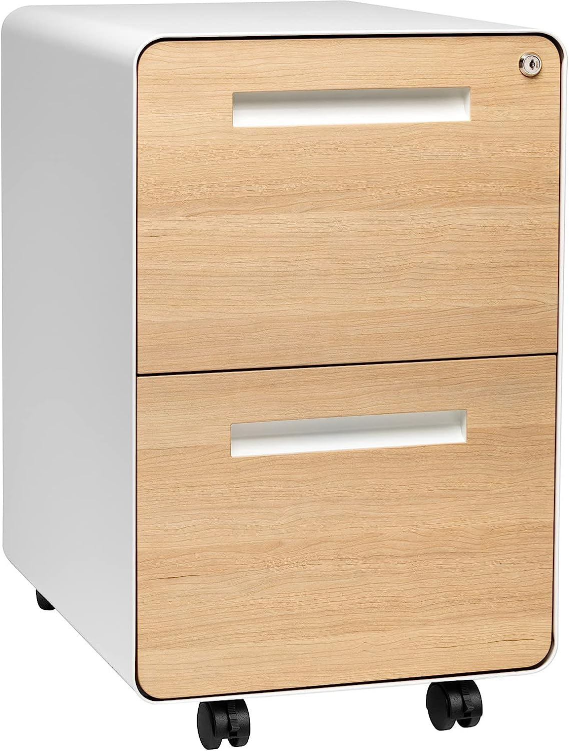 Stockpile 2 Drawer Mobile File Cabinet with Lock - under Desk Metal Filing Cabinet, Legal/Letter File Folders, Wheels and Stationary Feet, Pre-Assembled, White/Wood - Design By Technique