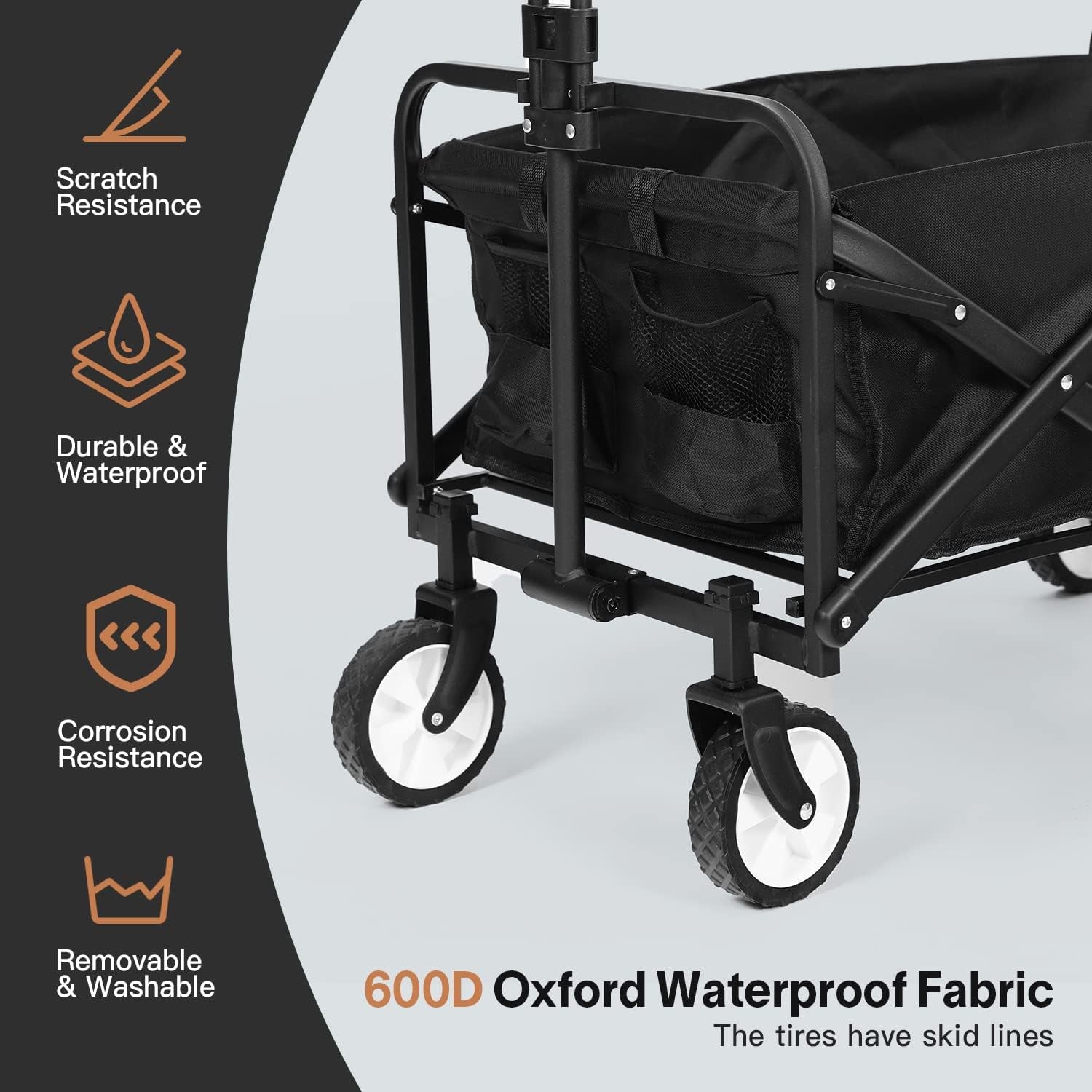 Collapsible Folding Wagon Cart, Heavy Duty Utility Beach Wagon Cart with Wheels Foldable, 220LBS Large Capacity Foldable Grocery Wagon for Camping Garden Shopping Sports, Black/1 Year Warranty - Design By Technique