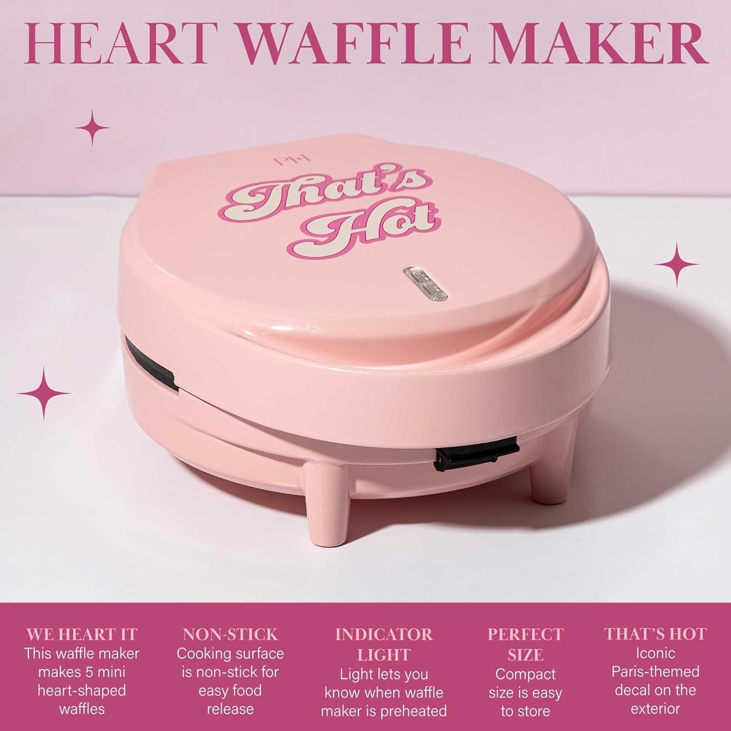 Heart Waffle Maker, Makes 5 Mini Heart Shaped Waffles or 1 Individual Waffle, Easy to Clean 6" Nonstick Plates, Made without PFAS or PFOA, Electric Waffle Iron, Pink