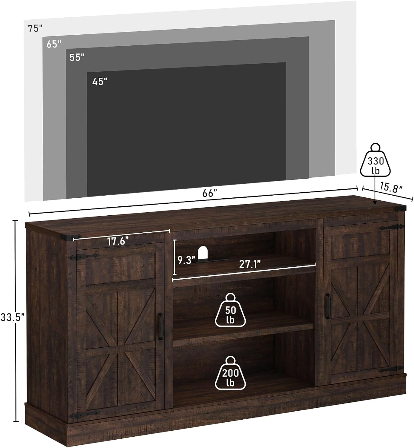 66" Farmhouse TV Stand with Power Outlets for 75 65 Inch Tvs, 33" Tall Entertainment Center with Storage Cabinets W/Adjustable Shelves, Rustic Large TV Media Console for Living Room, Brown