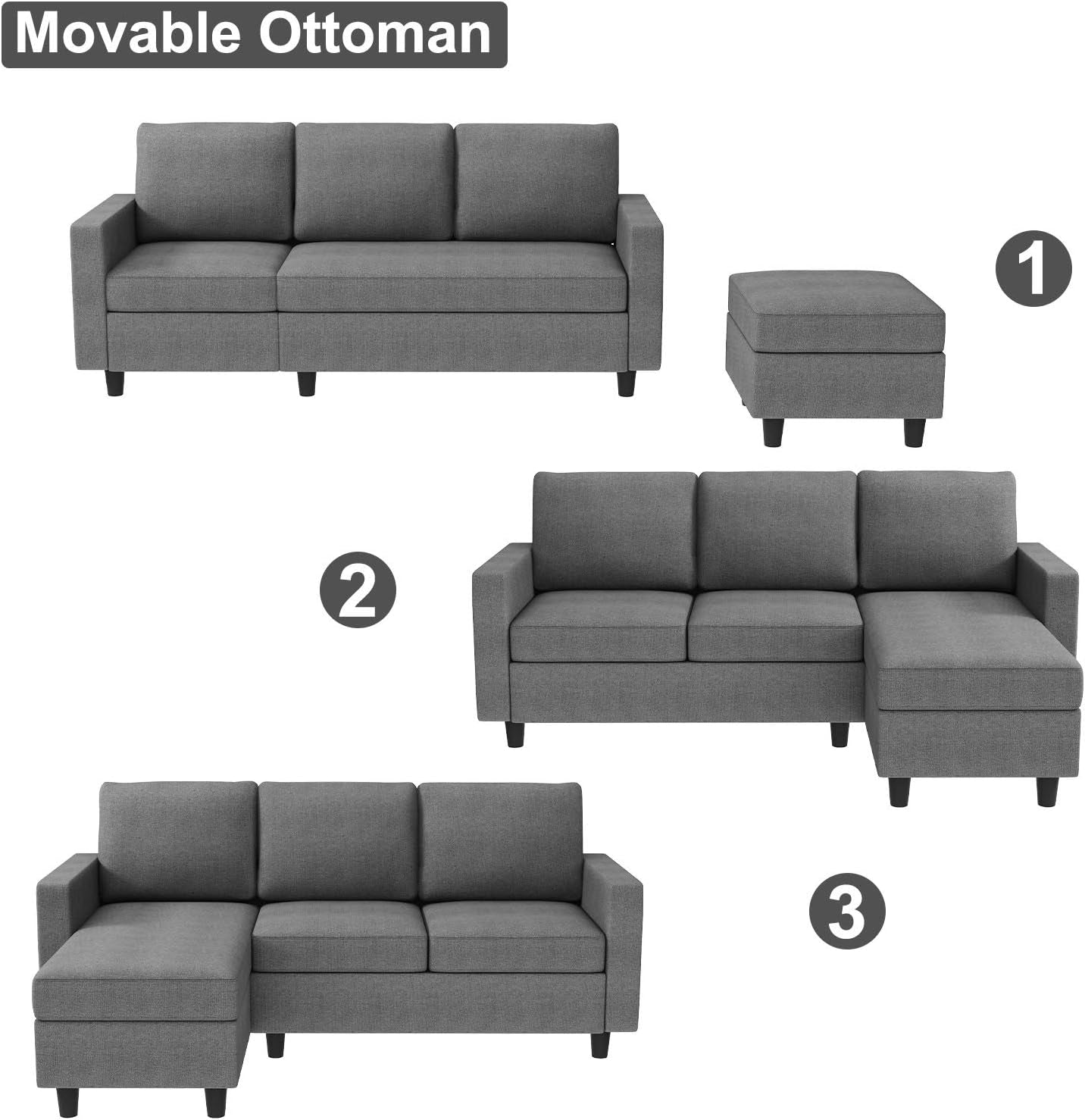 Convertible Sectional Sofa, Convertible L Shaped Couch with Reversible Chaise, Sectional Couch for Small Space Apartment, Grey