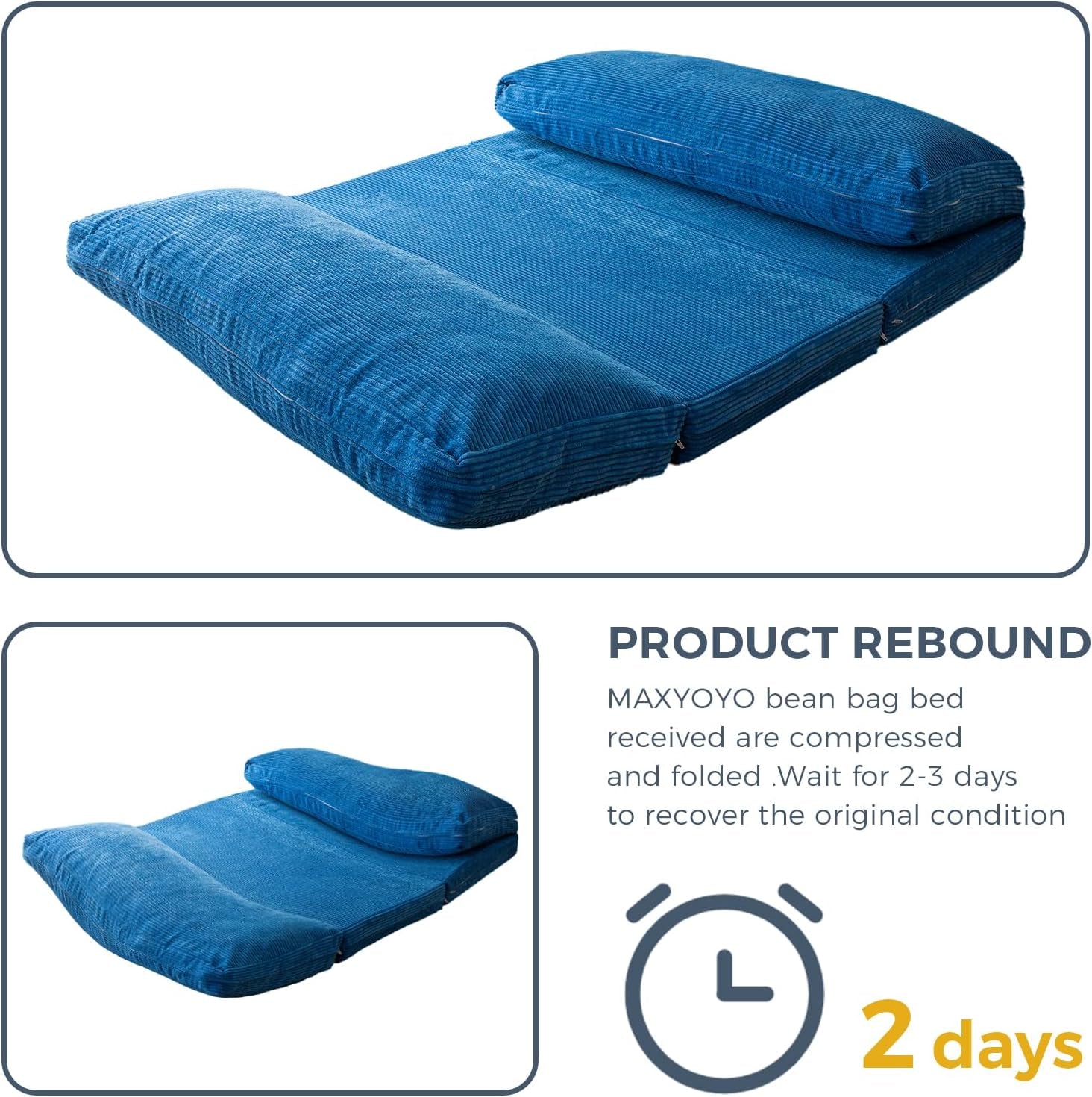 Bean Bag Bed Folding Sofa Bed Floor Mattress for Adults, Extra Thick and Long Floor Sofa with Corded Washable Cover, Blue