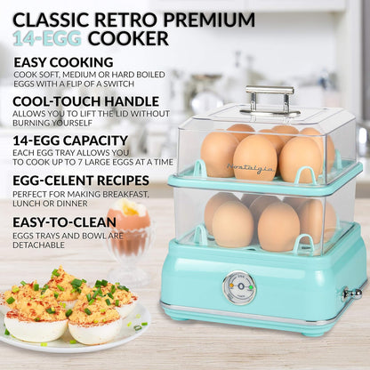 CLEC14AQ Retro Premium 14 Capacity Electric Large Hard-Boiled Egg Cooker, Poached, Scrambled, Omelets, Whites, Sandwiches, for Keto & Low-Carb Diets, Aqua