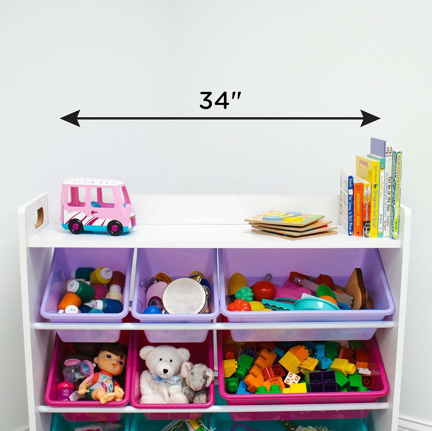 , White/Pink/Purple/Aqua Forever Toy Organizer with Shelf and 9 Storage Bins