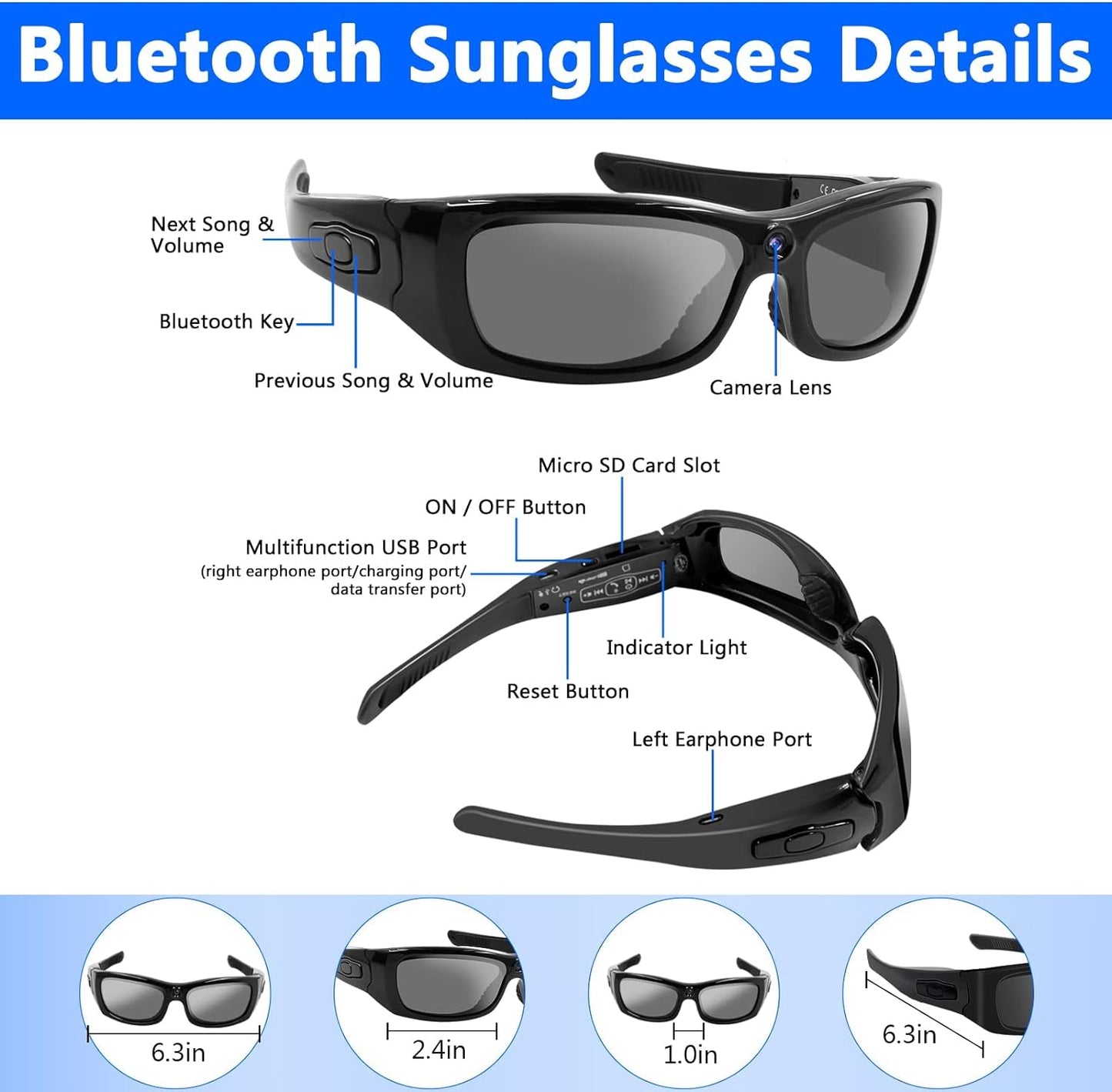 Camera Sunglasses Full HD 1080P Bluetooth Sunglasses Sport Action Glasses Camera Video Camera Glasses with Headset and UV Protection Polarized Lens for Outdoor and Travel