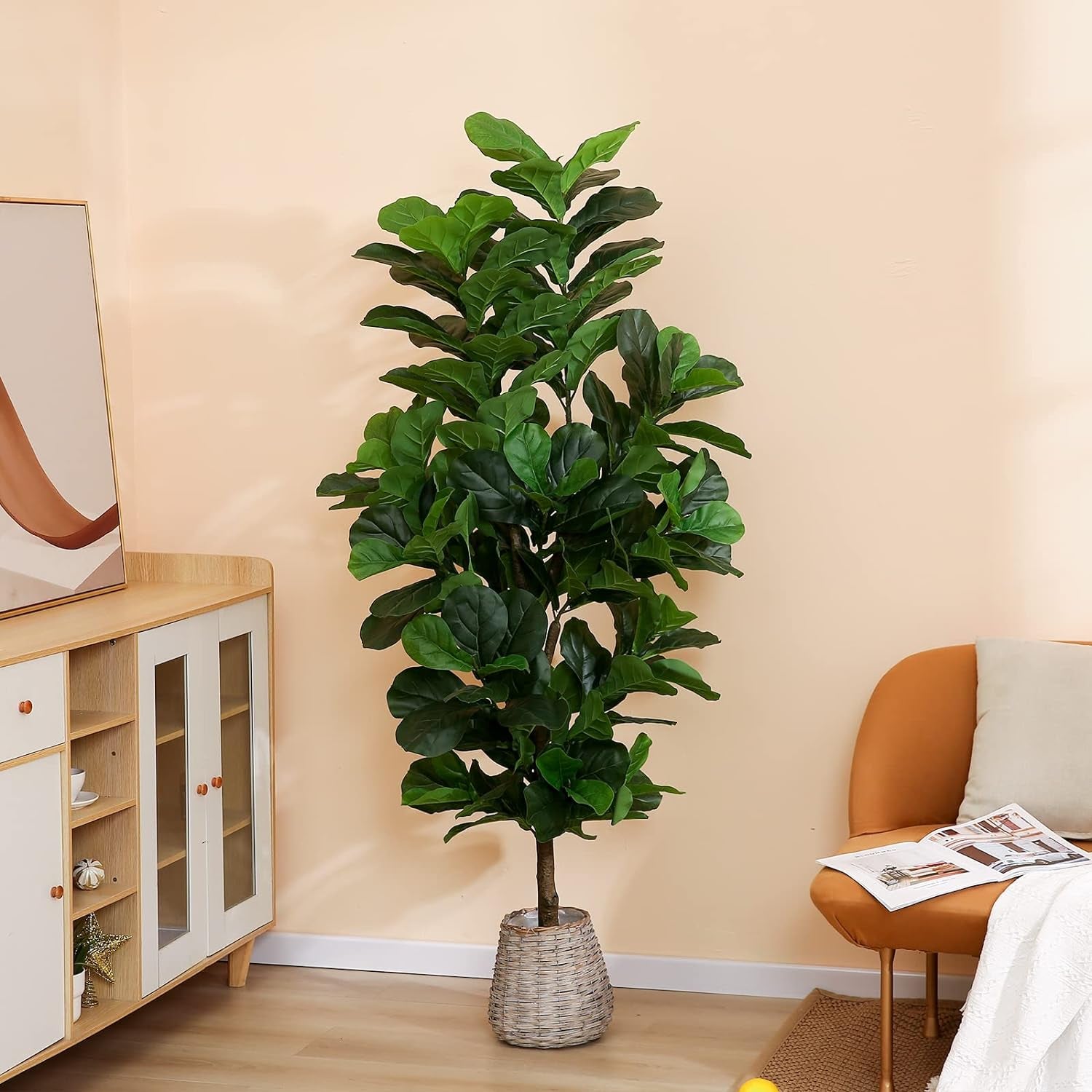 Fiddle Leaf Fig Tree 6Ft Tall Artificial Tree in Plastic Pot Fake Ficus Lyrata Plants with 184 Decorative Fiddle Leaves Faux Fig Trees for Home Office Living Room Decor Indoor Outdoor