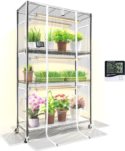 Indoor Greenhouse with Grow Lights and Shelf,4-Tier Portable Metal Plant Stand with Full Spectrum Growing Lamps,Mini Green House Cabinet with Clear Cover Tent for Seedlings(35Lx14Wx61H)