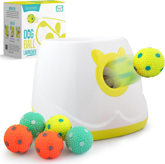 Automatic Dog Ball Launcher - Dog Ball Fetch Machine, Ball Thrower for Dogs, for Small to Medium Sized Dogs, Interactive Dog Toy with 6 Latex Balls, Plug-In & Battery Options - 4 Launch Distances