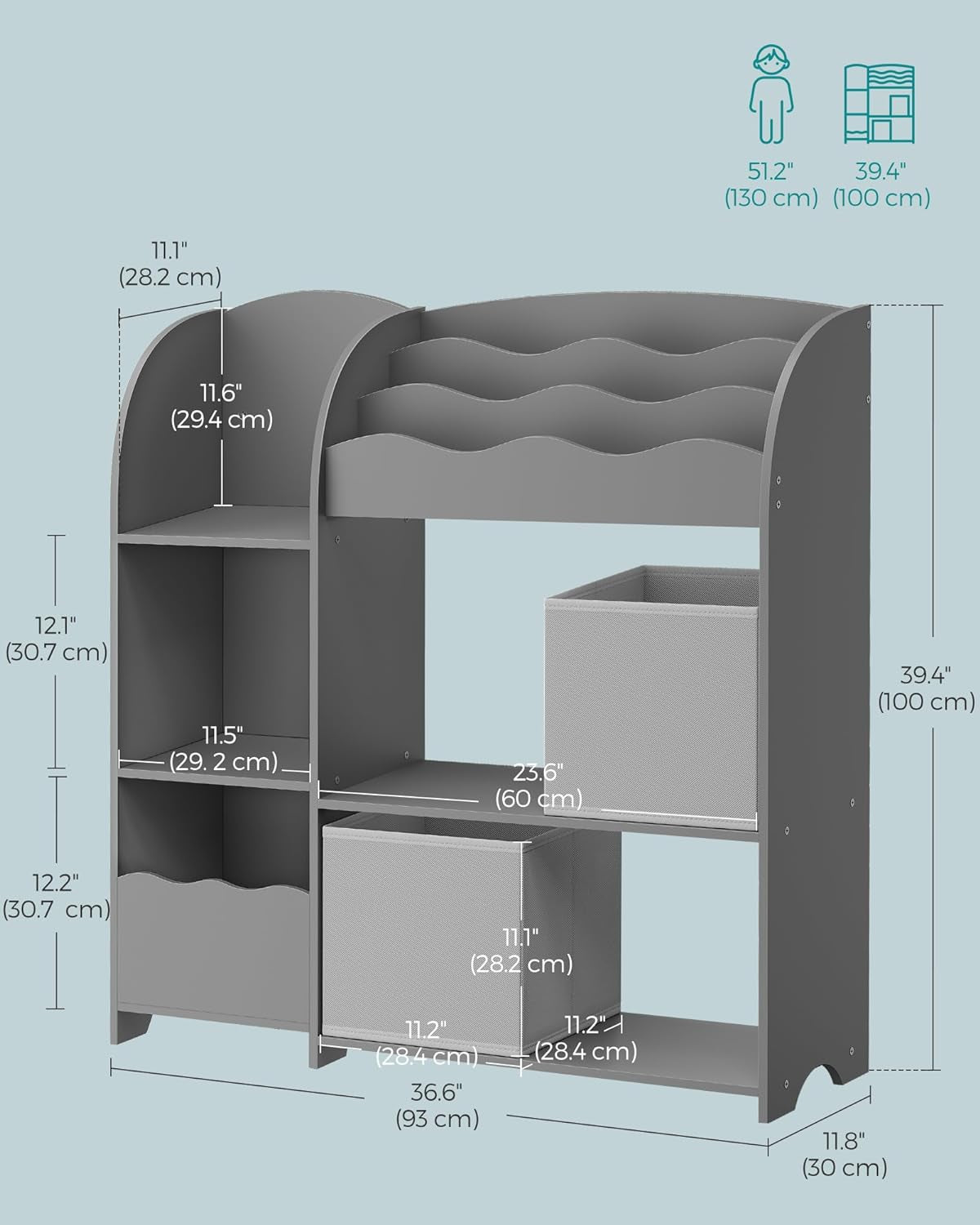 Toy and Book Organizer for Kids, Kids Bookshelf and Toy Storage, Storage Organizer with 2 Storage Boxes, for Playroom, Children'S Room, Living Room, Dove Gray UGKR042G01